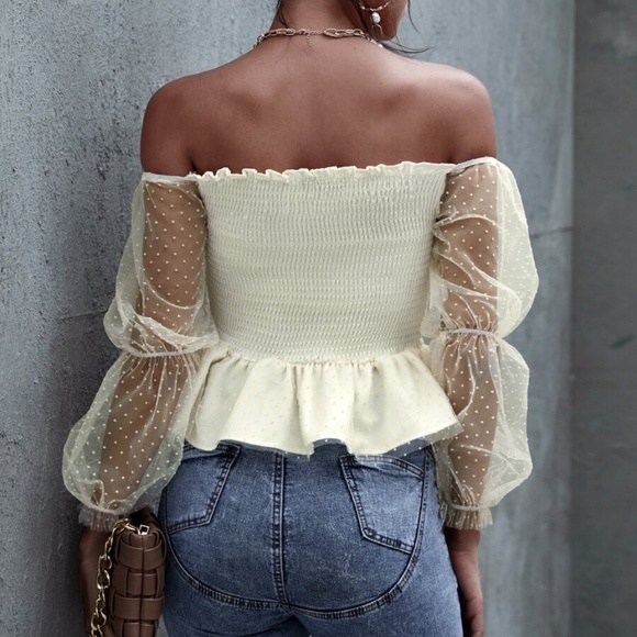 Boho Cream Off Shoulder Dot Sheer Sleeve Top - Picture 3 of 4
